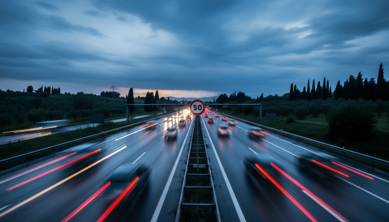 Autostrada italiana al tramonto con luci di auto sfocate dal movimento accanto a un cartello generico di limite di velocita