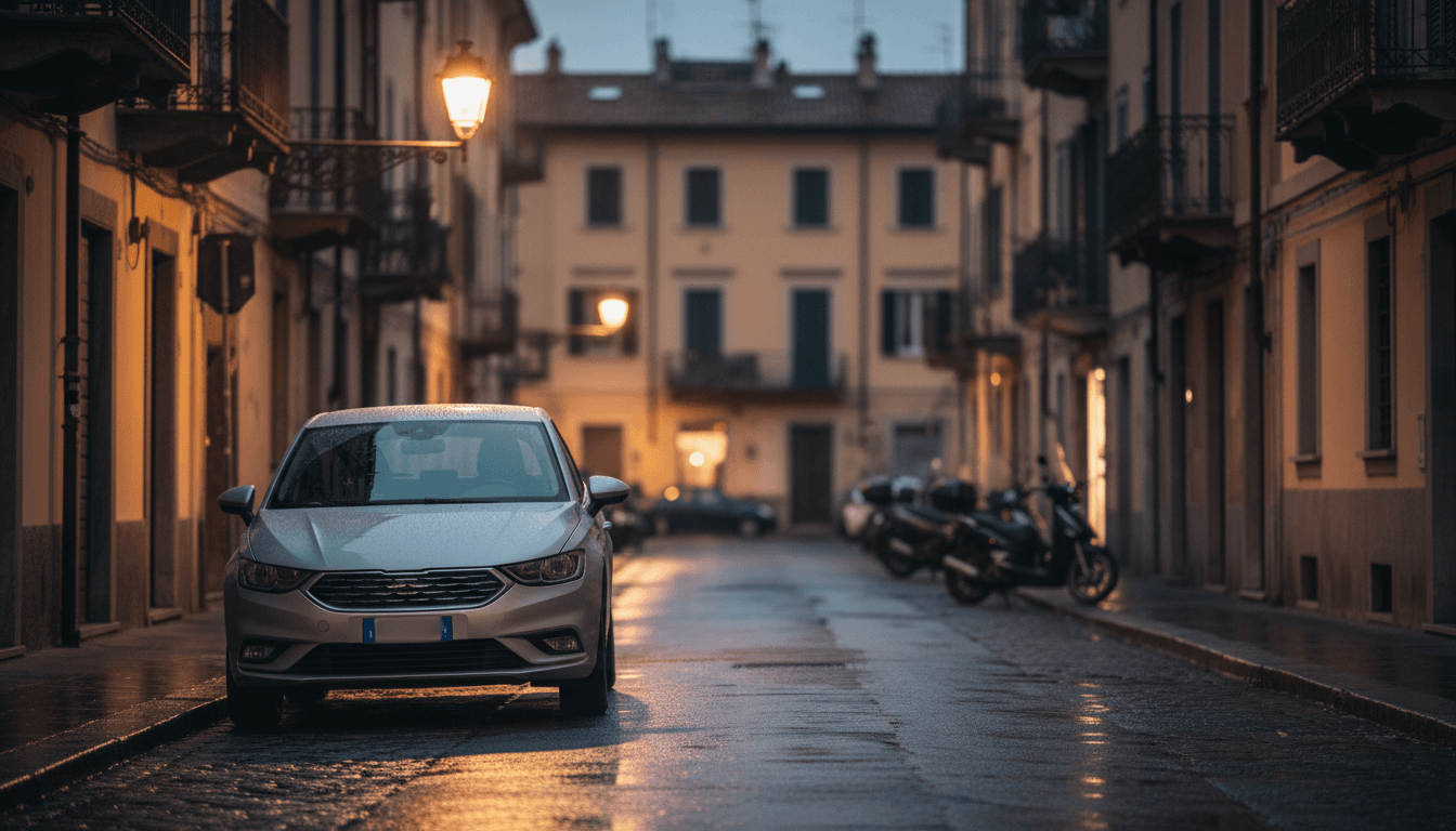 Auto compatta moderna parcheggiata di sera su una strada residenziale italiana, illuminata da un lampione
