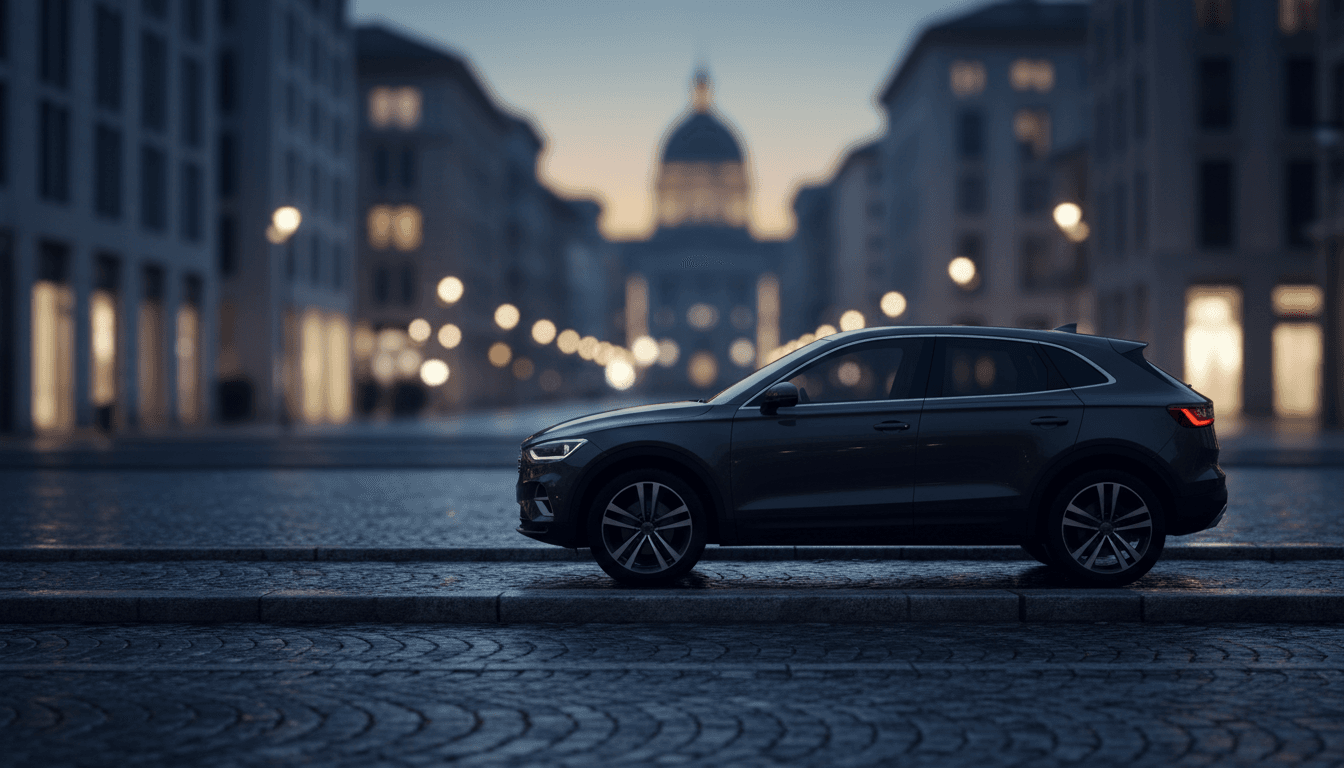 SUV compatto stilizzato al crepuscolo su una strada urbana italiana, atmosfera cinematografica senza loghi visibili