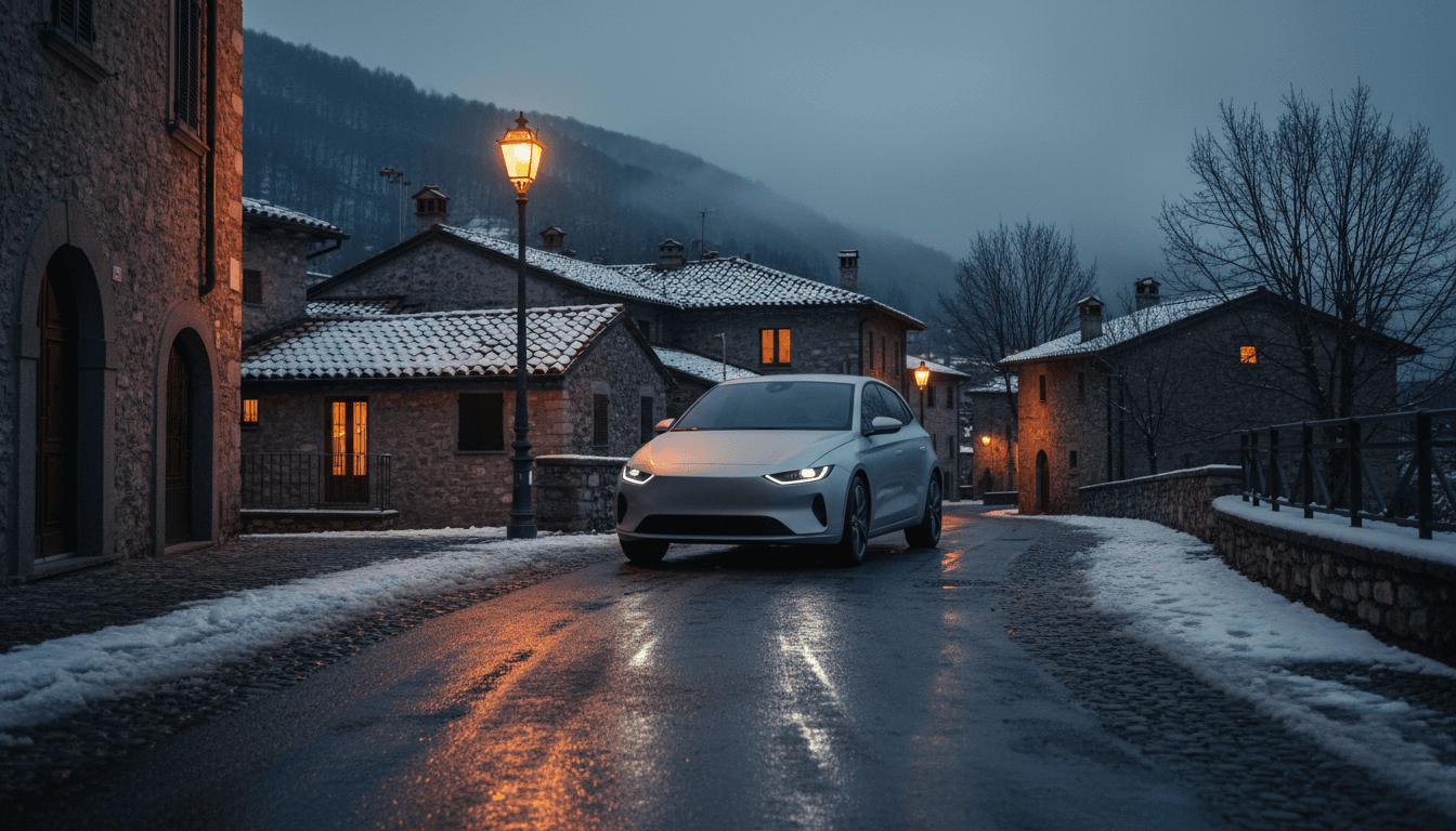 Auto parcheggiata su una strada di montagna con una leggera nevicata al crepuscolo