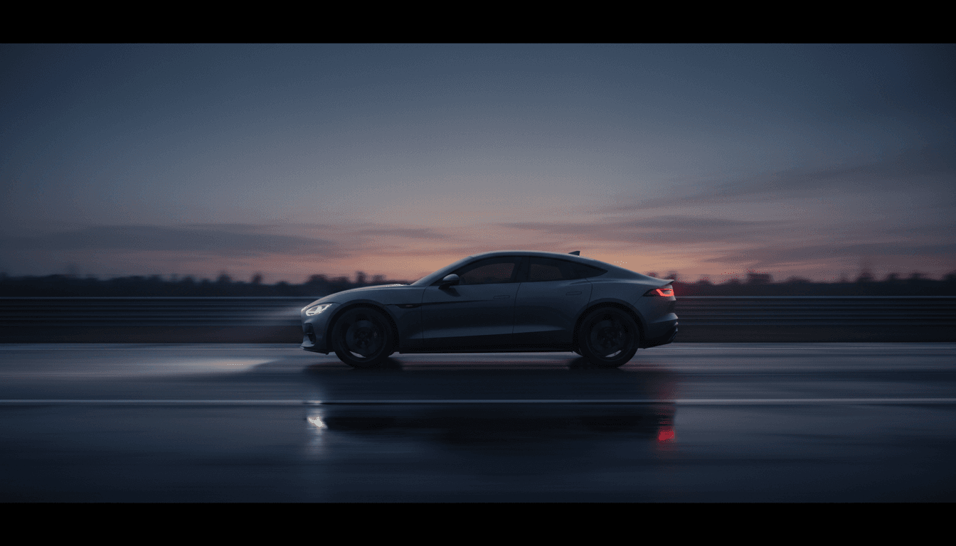 Silhouette di un SUV coupe sportivo su un circuito al tramonto, senza loghi visibili