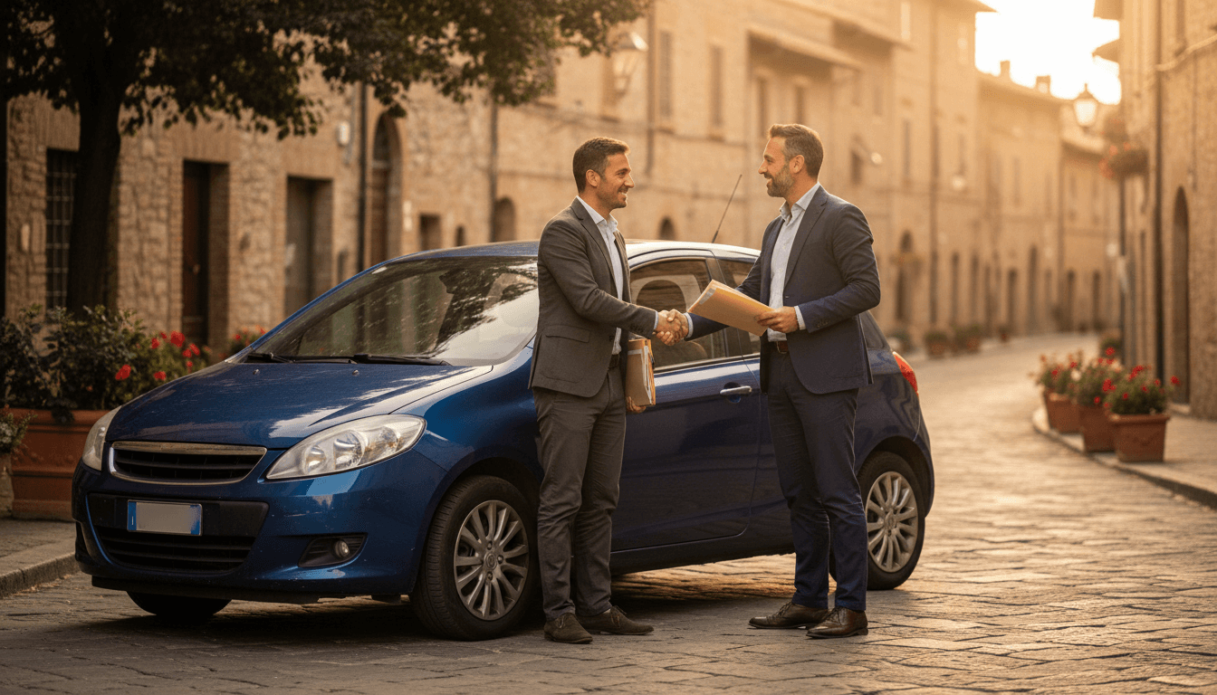 Due persone si stringono la mano vicino a un'auto usata parcheggiata in una strada italiana, con una cartellina di documenti in mano, luce dorata del tardo pomeriggio