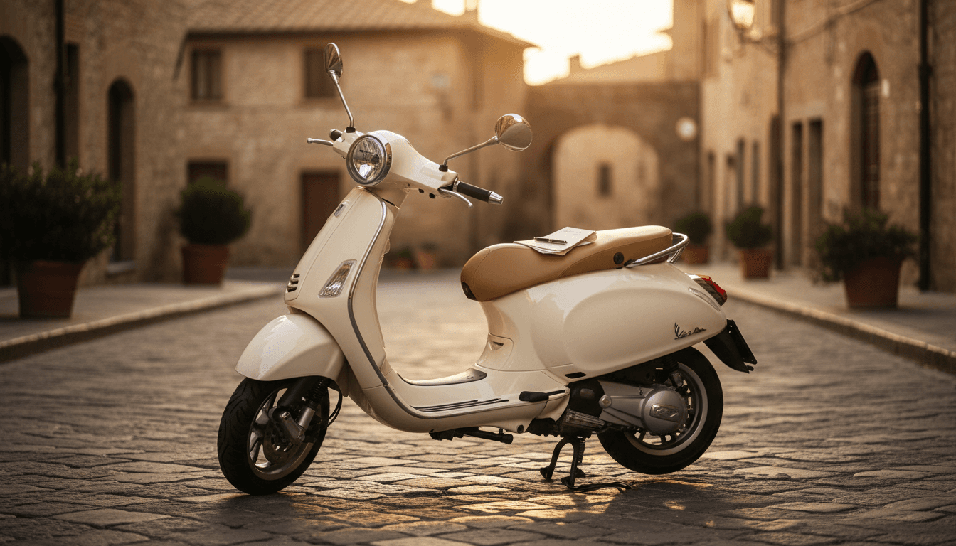 Uno scooter 125 parcheggiato su una strada acciottolata italiana al tramonto, con documenti e una penna appoggiati sulla sella