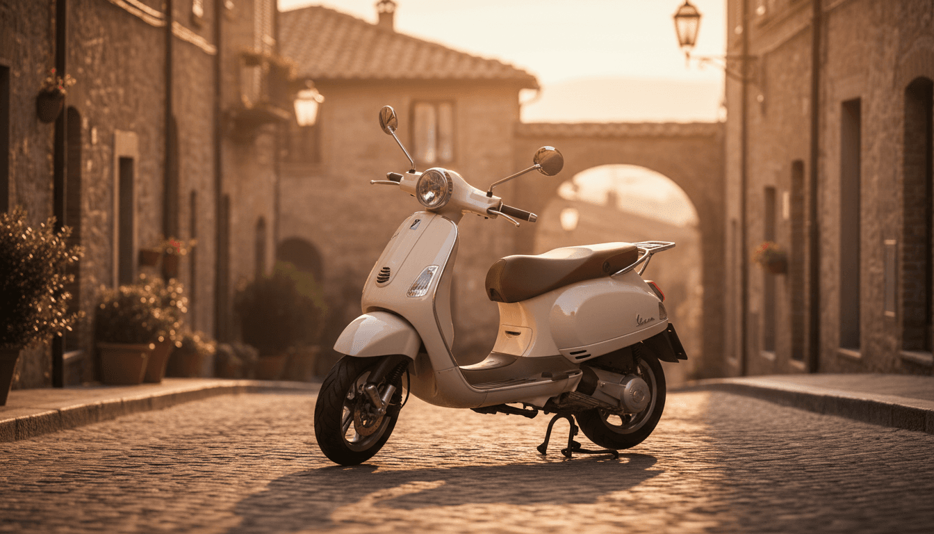 Uno scooter 125 parcheggiato su una strada italiana al tramonto