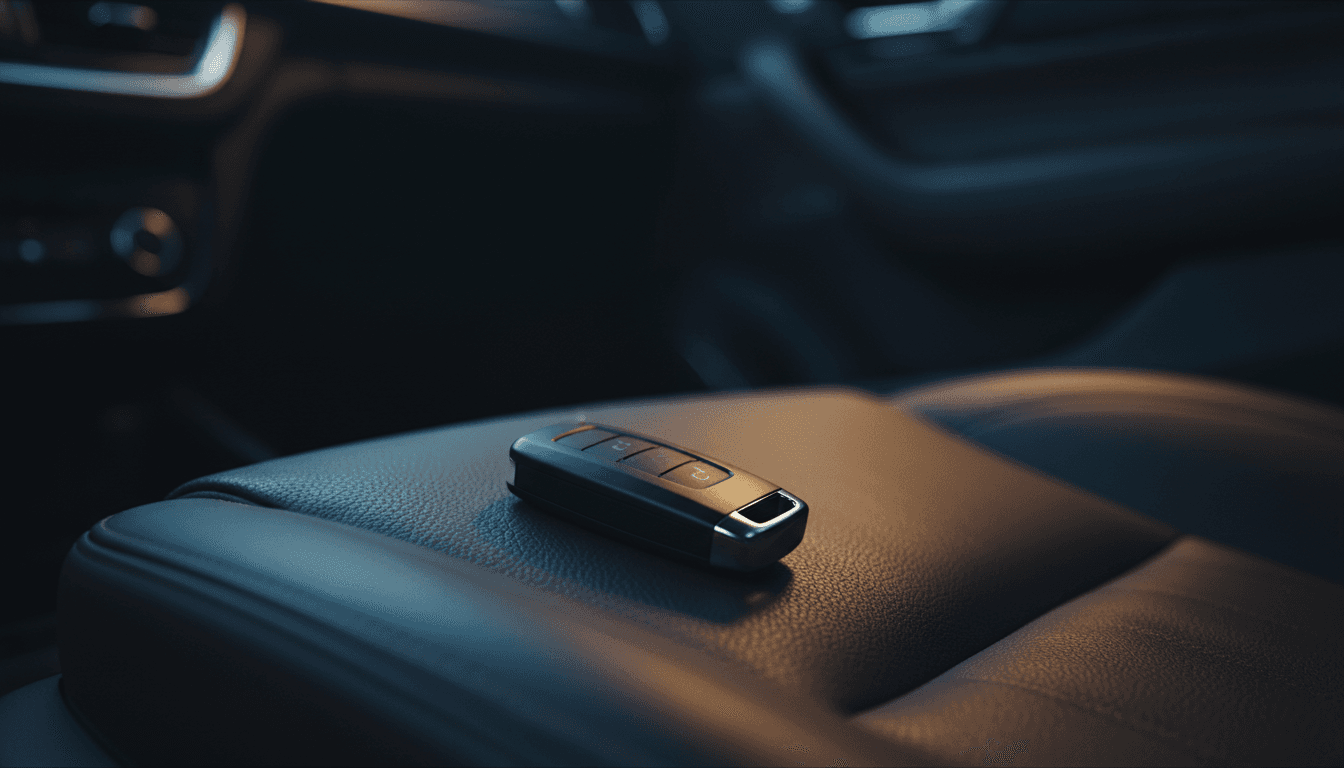 Chiave auto moderna con telecomando appoggiata su un sedile in pelle, atmosfera scura e cinematografica