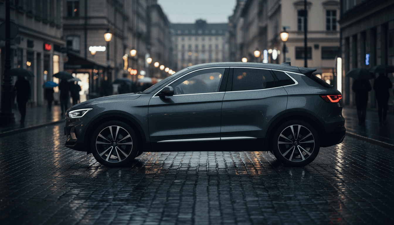 SUV premium grigio scuro senza marchi visibili, fotografato al crepuscolo su una strada cittadina bagnata di pioggia, atmosfera cinematografica
