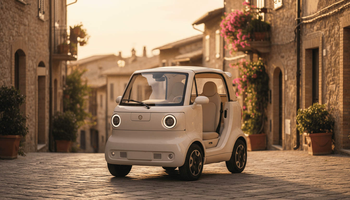 Un piccolo quadriciclo elettrico open air parcheggiato su una strada acciottolata di un borgo italiano al tramonto