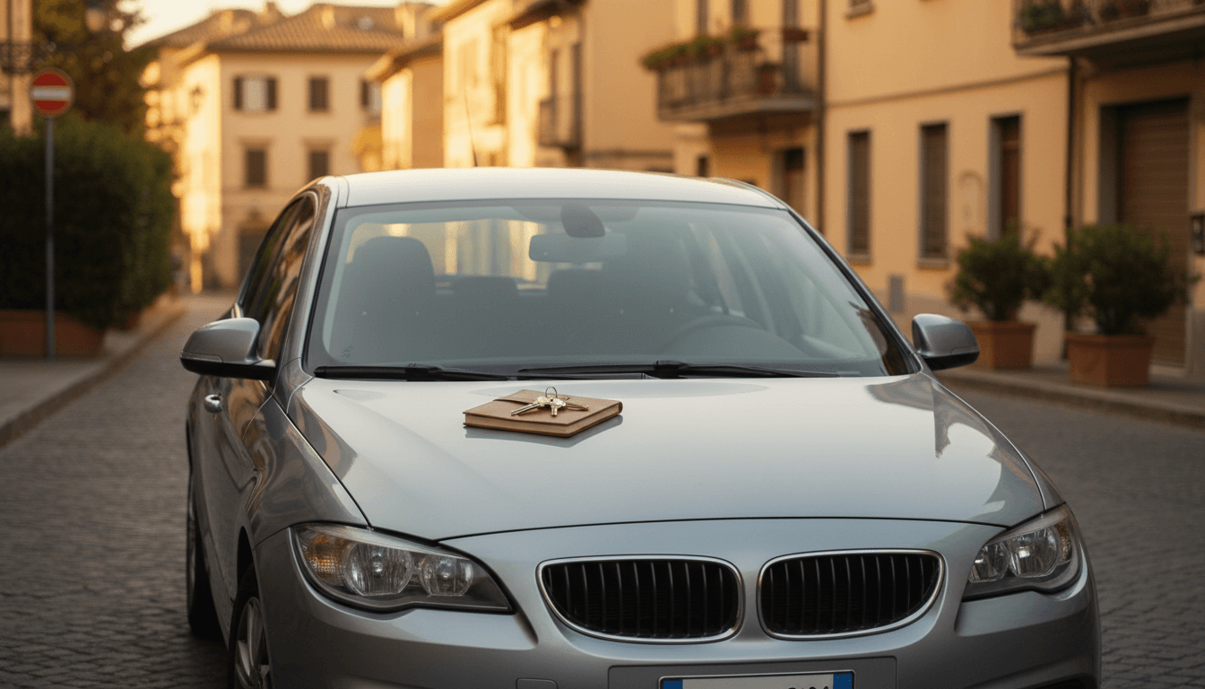 Auto usata parcheggiata al tramonto, pronta per la valutazione prima della vendita