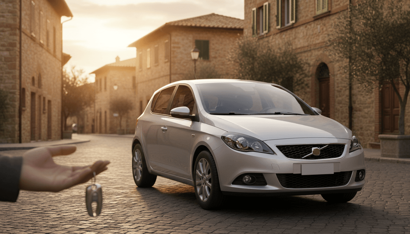 Utilitaria generica parcheggiata in una strada italiana al tramonto, con delle chiavi in primo piano