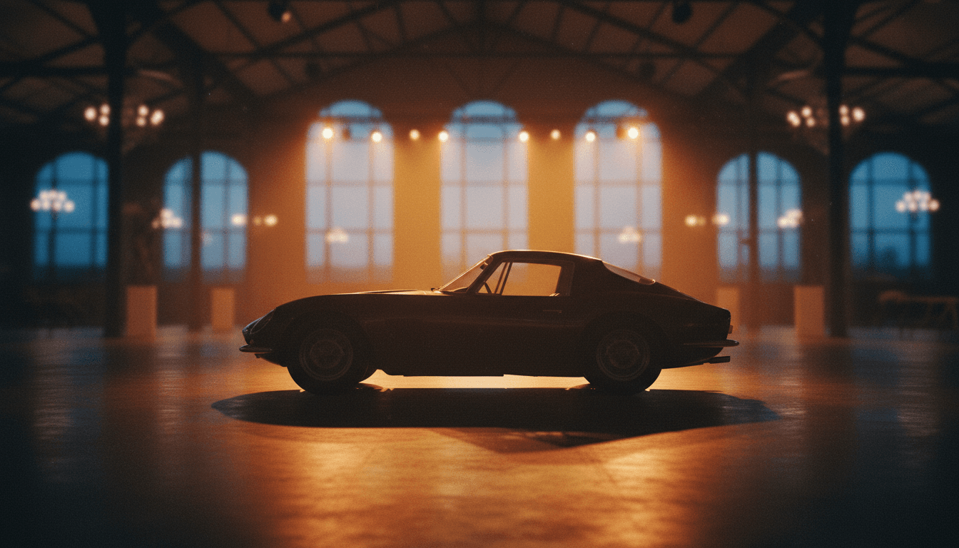 Silhouette di un'auto d'epoca illuminata sotto i riflettori di una sala d'asta, atmosfera calda e cinematografica