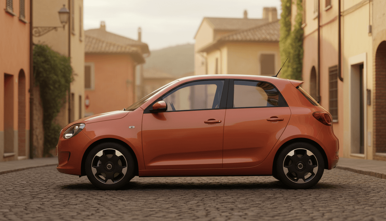 Una city car elettrica compatta color terracotta parcheggiata su una strada acciottolata di un borgo italiano al tramonto