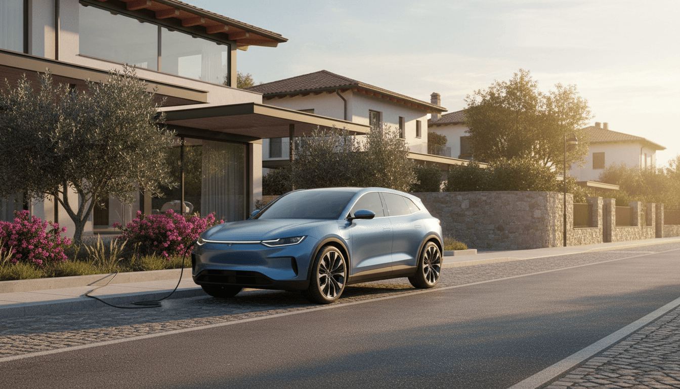 Un SUV elettrico familiare parcheggiato al tramonto davanti a una casa moderna in Italia, con un cavo di ricarica accanto
