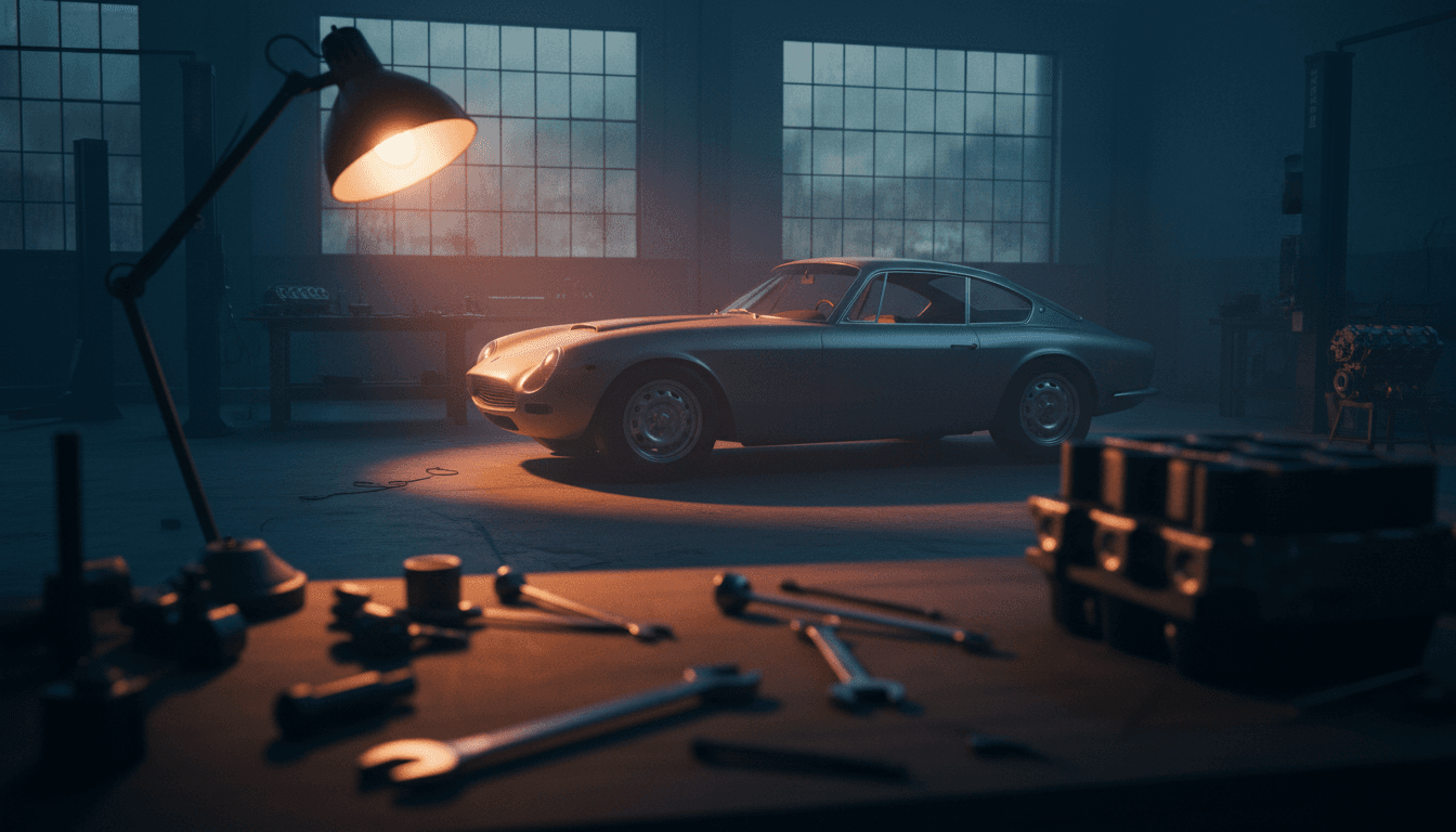 Sagoma di una coupé italiana d'epoca in un'officina in penombra, illuminata da una luce di lavoro calda, nessun marchio visibile