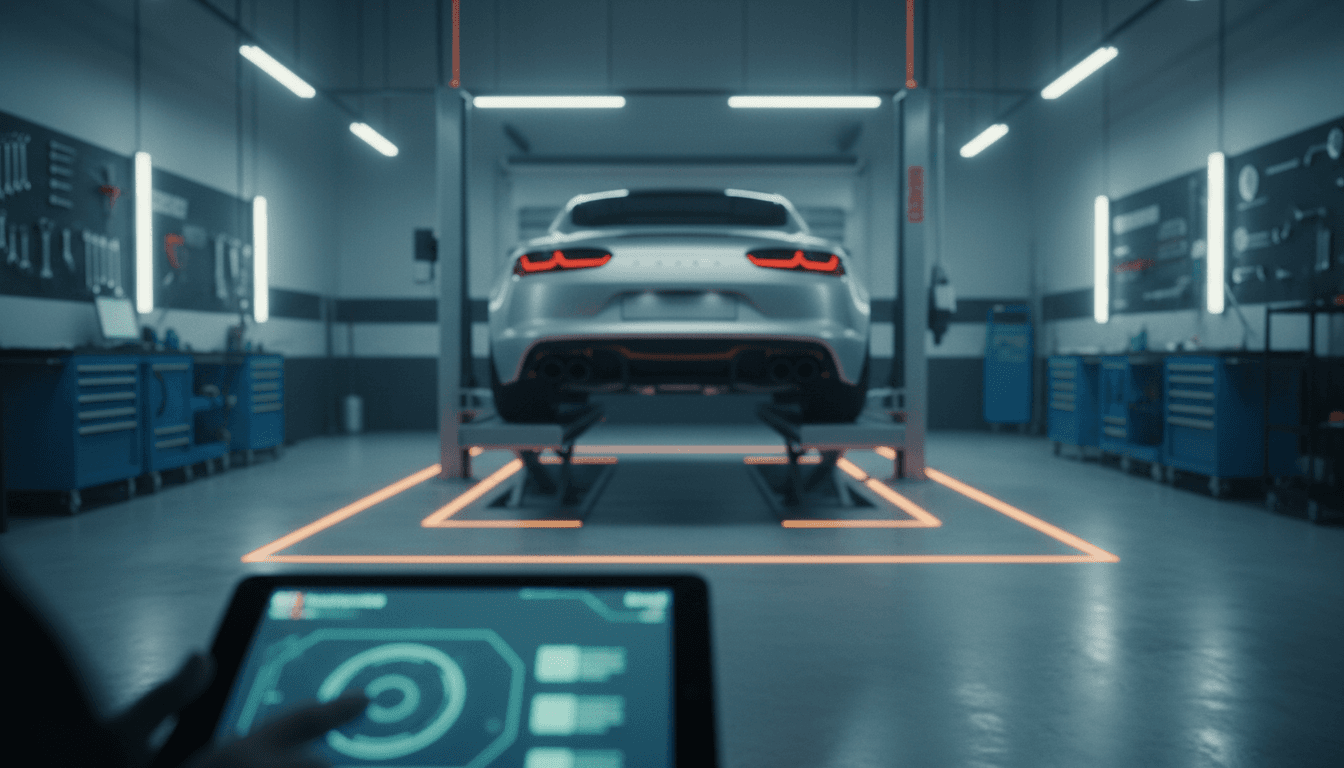 Officina di revisione con un'auto sul ponte sollevatore e uno schermo diagnostico in primo piano