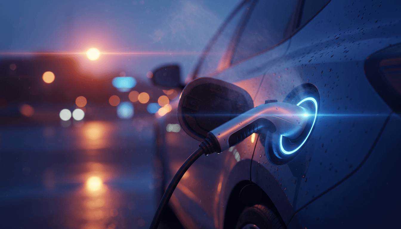 Cavo di ricarica rapida collegato alla presa di un'auto elettrica al crepuscolo, con luce blu di stato accesa