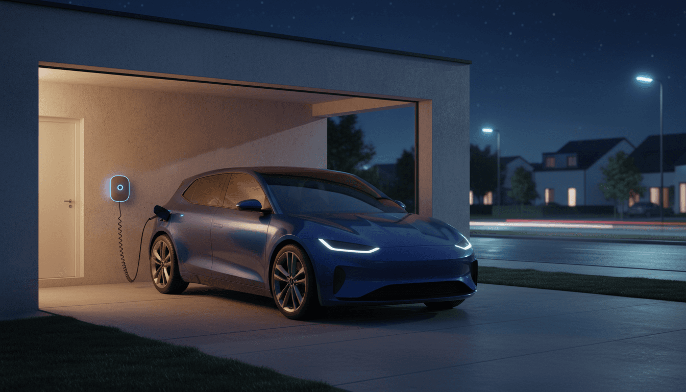 Auto elettrica generica collegata a una wallbox in un garage di notte