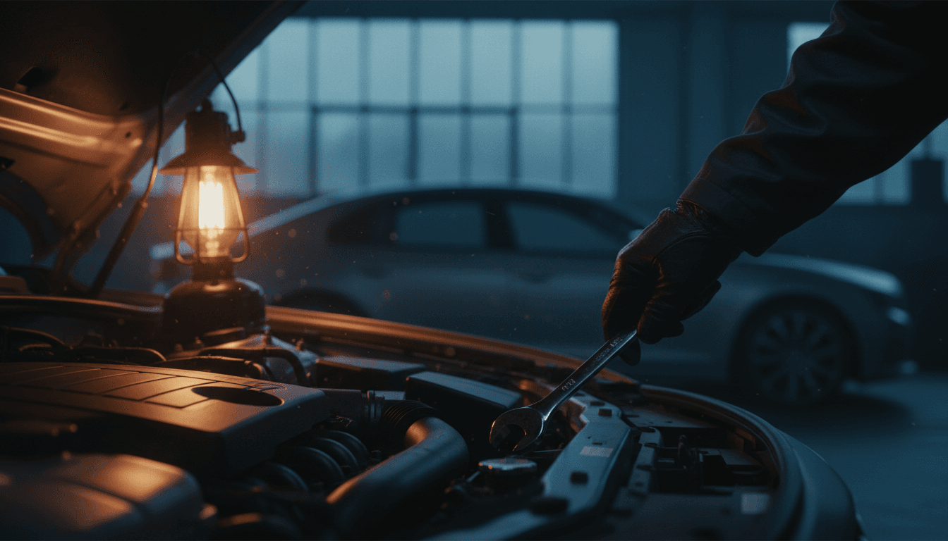 Mano di un meccanico con una chiave inglese vicino al vano motore di una berlina, illuminata da una lampada da lavoro in un garage al tramonto
