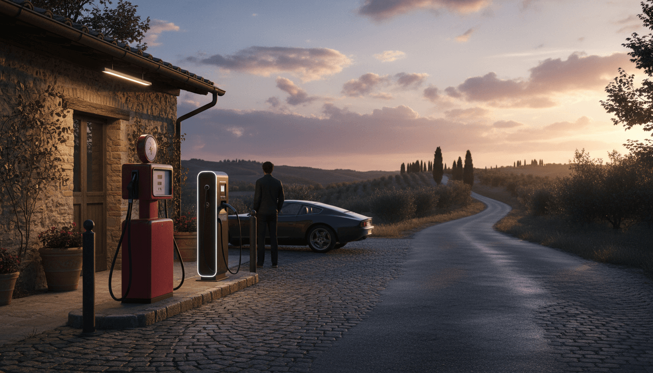 Un distributore di carburante di provincia al tramonto, con una colonnina di ricarica elettrica installata accanto alle pompe tradizionali