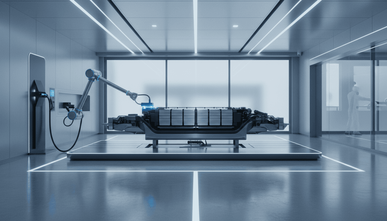 Officina futuristica con braccio robotizzato che interviene su un pacco batteria di un'auto elettrica sollevata