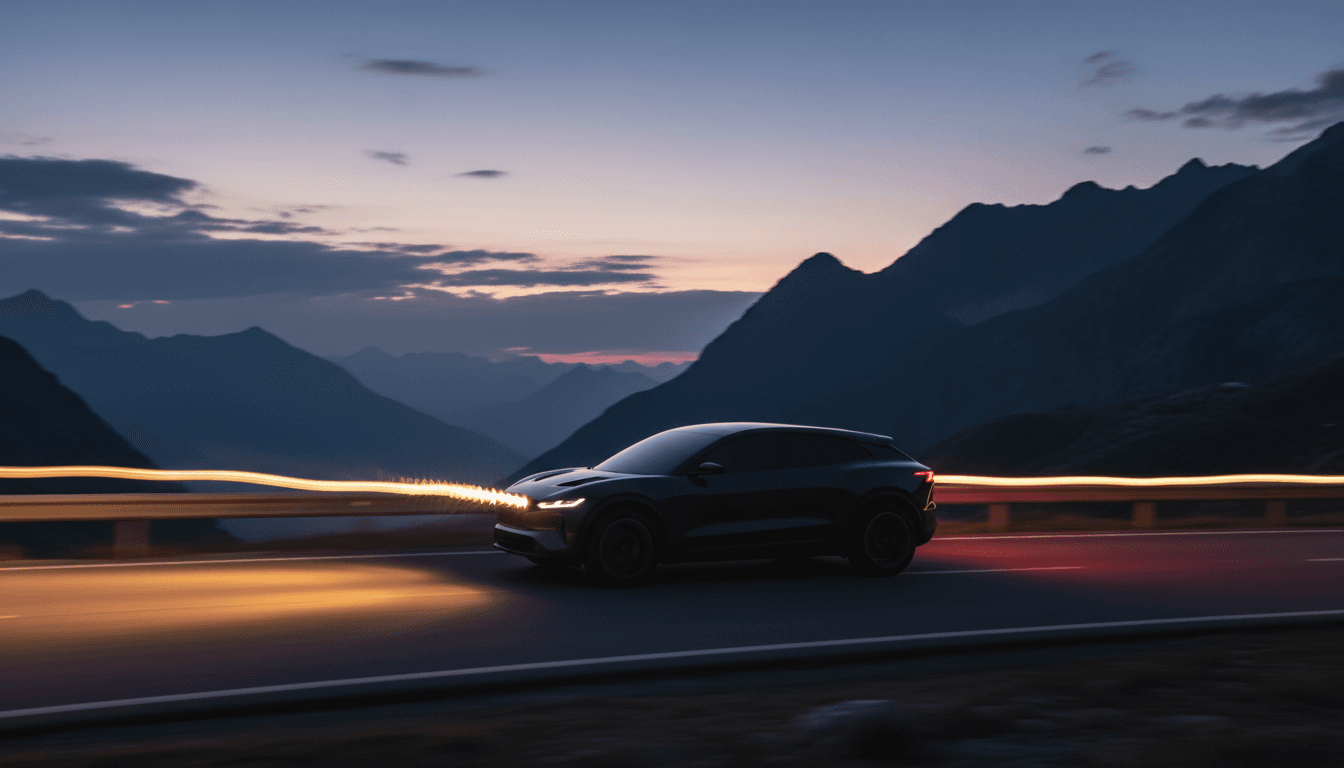 Silhouette di un crossover elettrico scuro su una strada di montagna al crepuscolo, atmosfera da rally