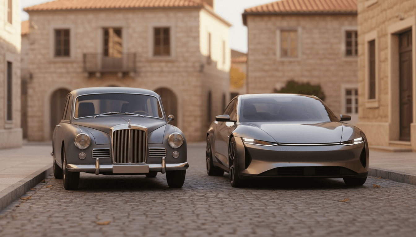 Un'auto a benzina e un'auto elettrica parcheggiate fianco a fianco al tramonto, a simboleggiare la scelta tra tenere il termico o passare all'elettrico