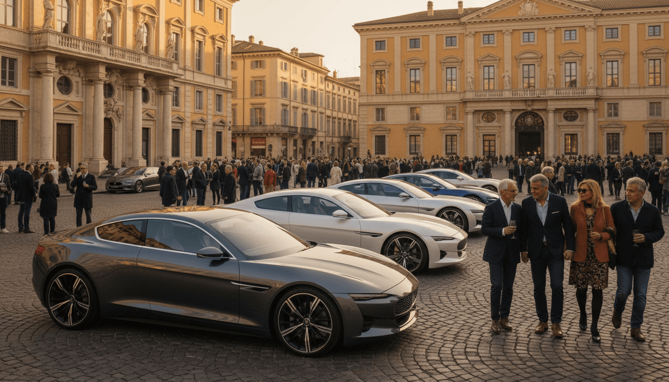 Vetture esposte lungo una piazza storica italiana al tramonto durante un salone dell'auto a cielo aperto