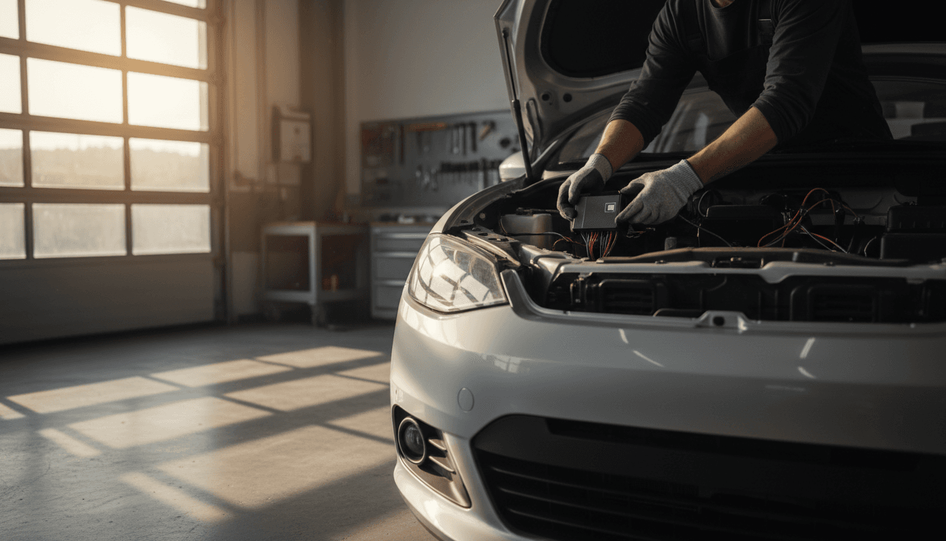 Un tecnico installa un piccolo dispositivo telematico sotto il cruscotto di un'auto in officina
