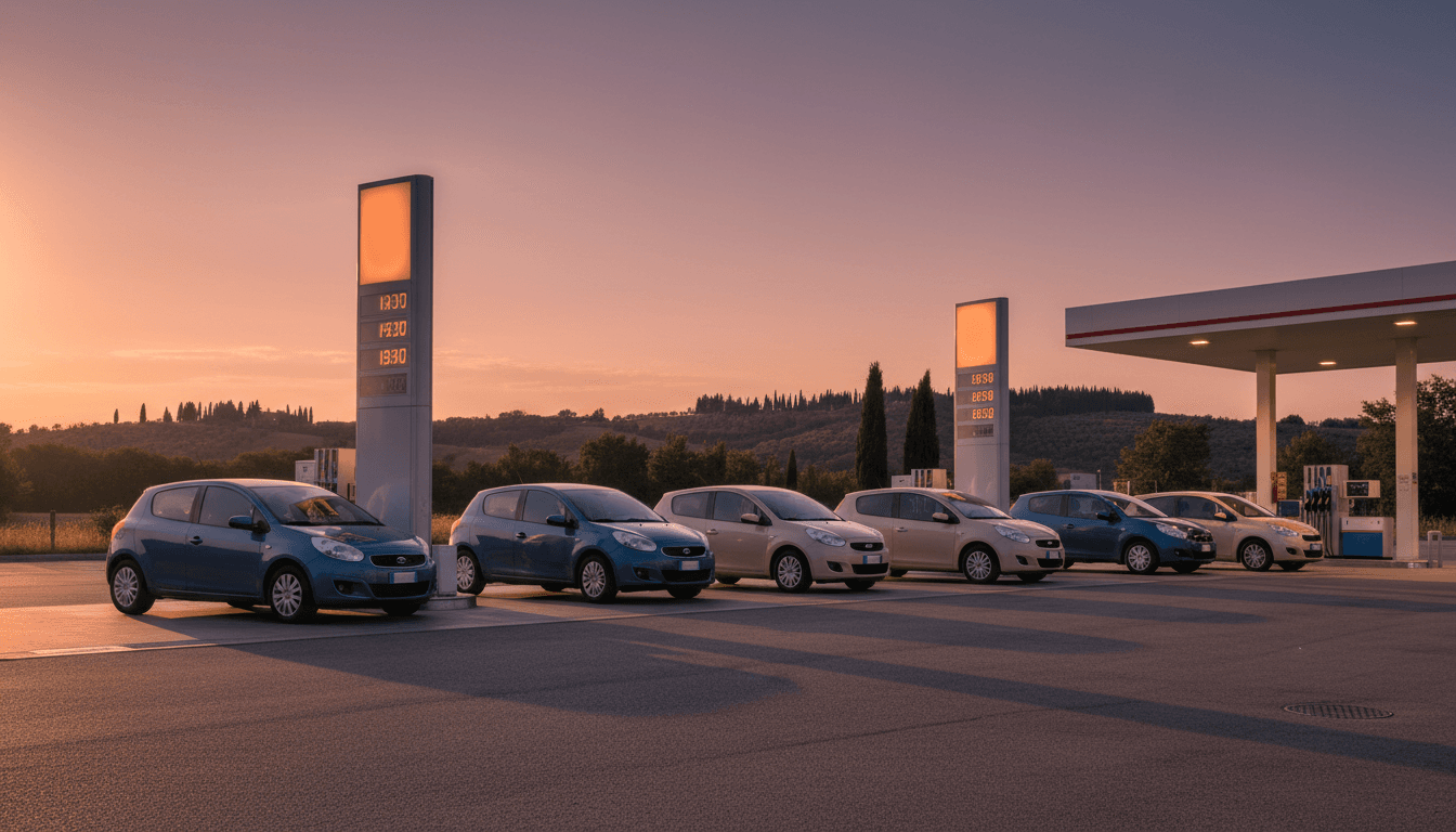 Distributore di carburante self-service italiano al tramonto con auto in fila ai pompe