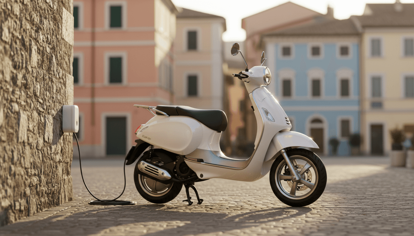 Uno scooter elettrico parcheggiato su una strada acciottolata di una citta italiana al tramonto