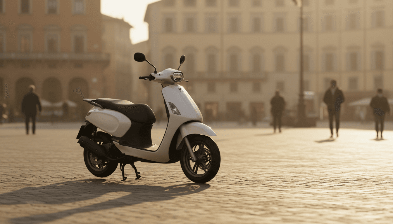 Scooter elettrico parcheggiato in una piazza italiana al tramonto