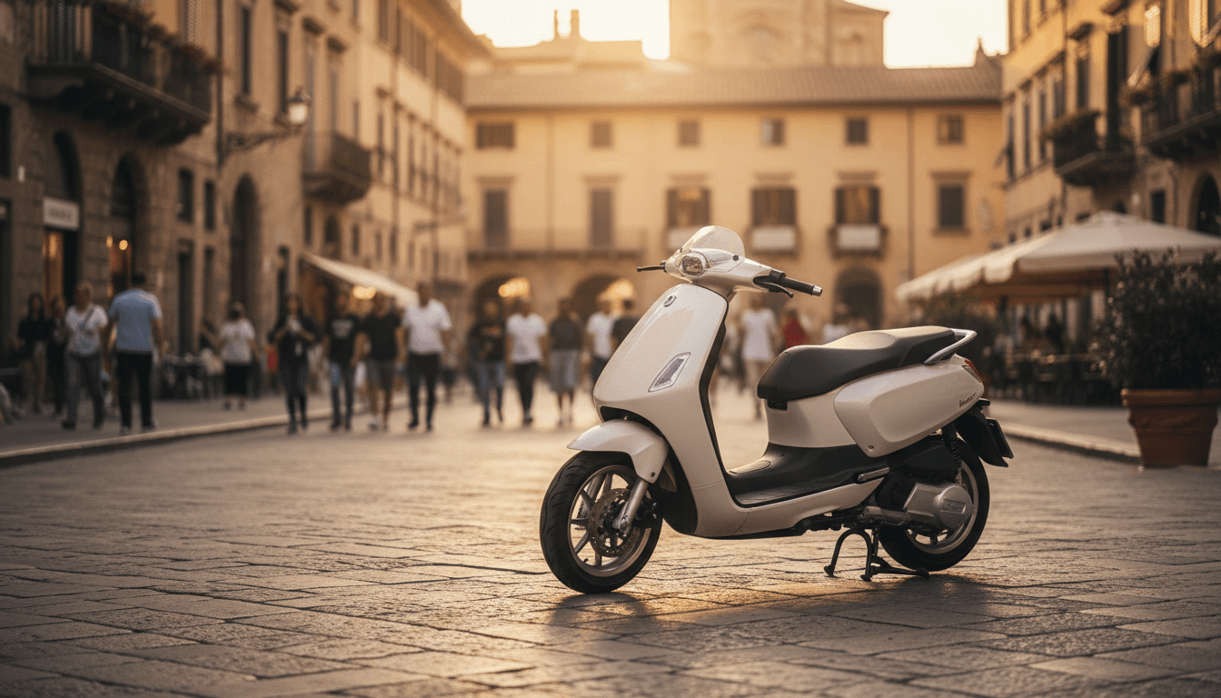 Scooter elettrico parcheggiato su una strada cittadina italiana al tramonto