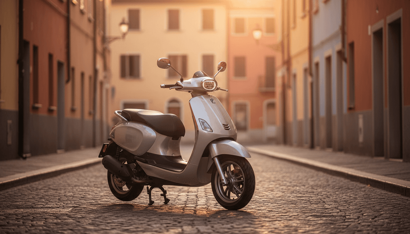 Uno scooter elettrico parcheggiato su una strada acciottolata di un centro storico italiano al tramonto