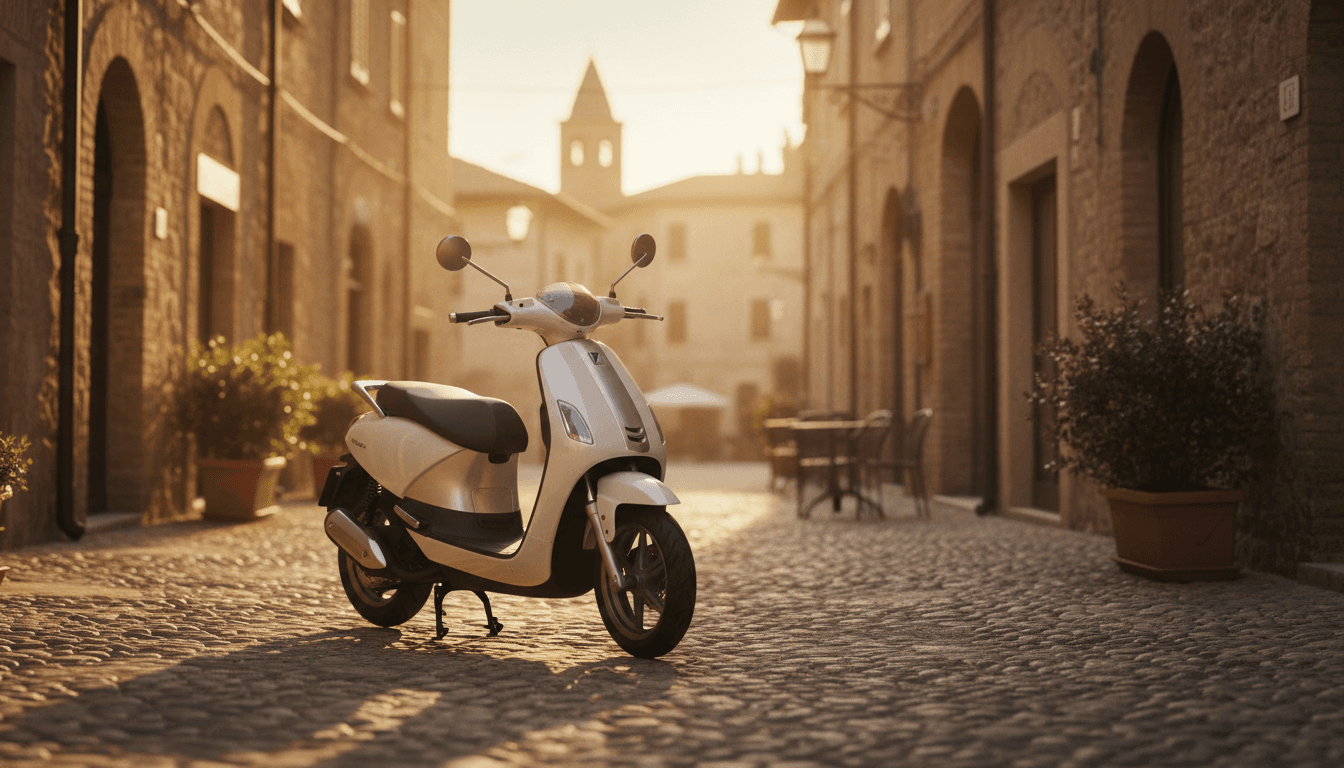 Scooter elettrico generico parcheggiato su una strada acciottolata di un centro storico italiano al tramonto