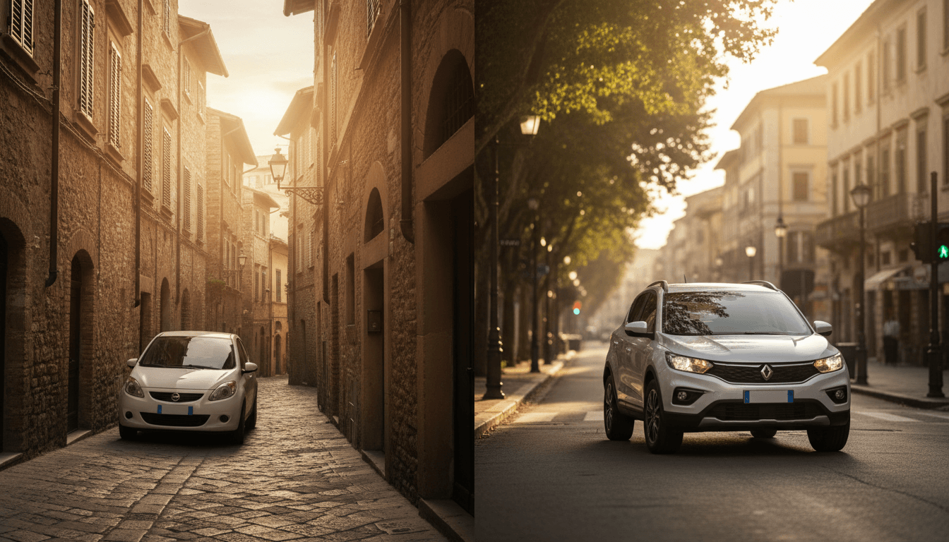 Una piccola citycar e un SUV compatto in una via di città italiana alla luce dorata del tramonto