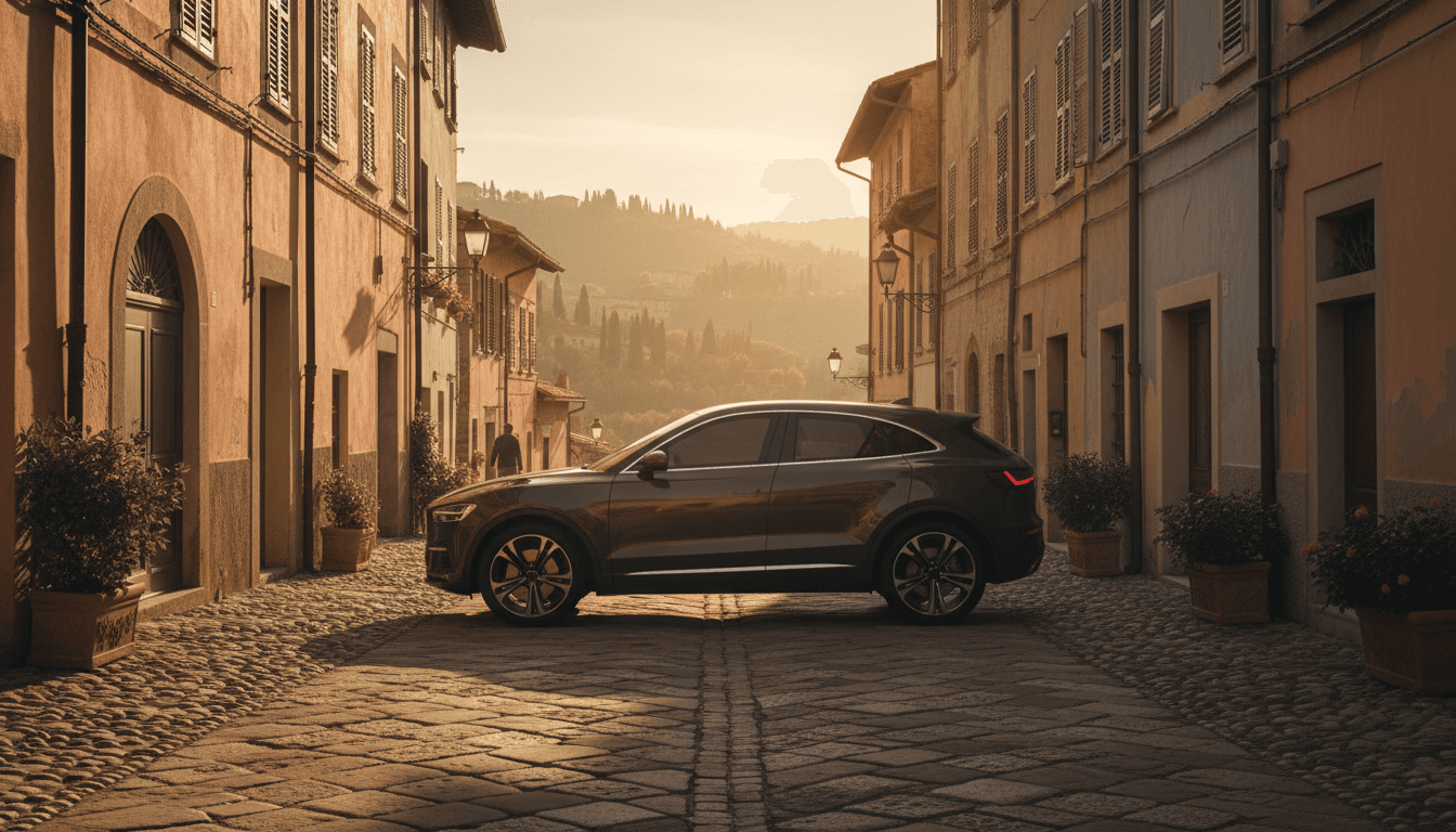SUV moderno parcheggiato in una stretta via acciottolata di un centro storico italiano nella calda luce dorata del tramonto.
