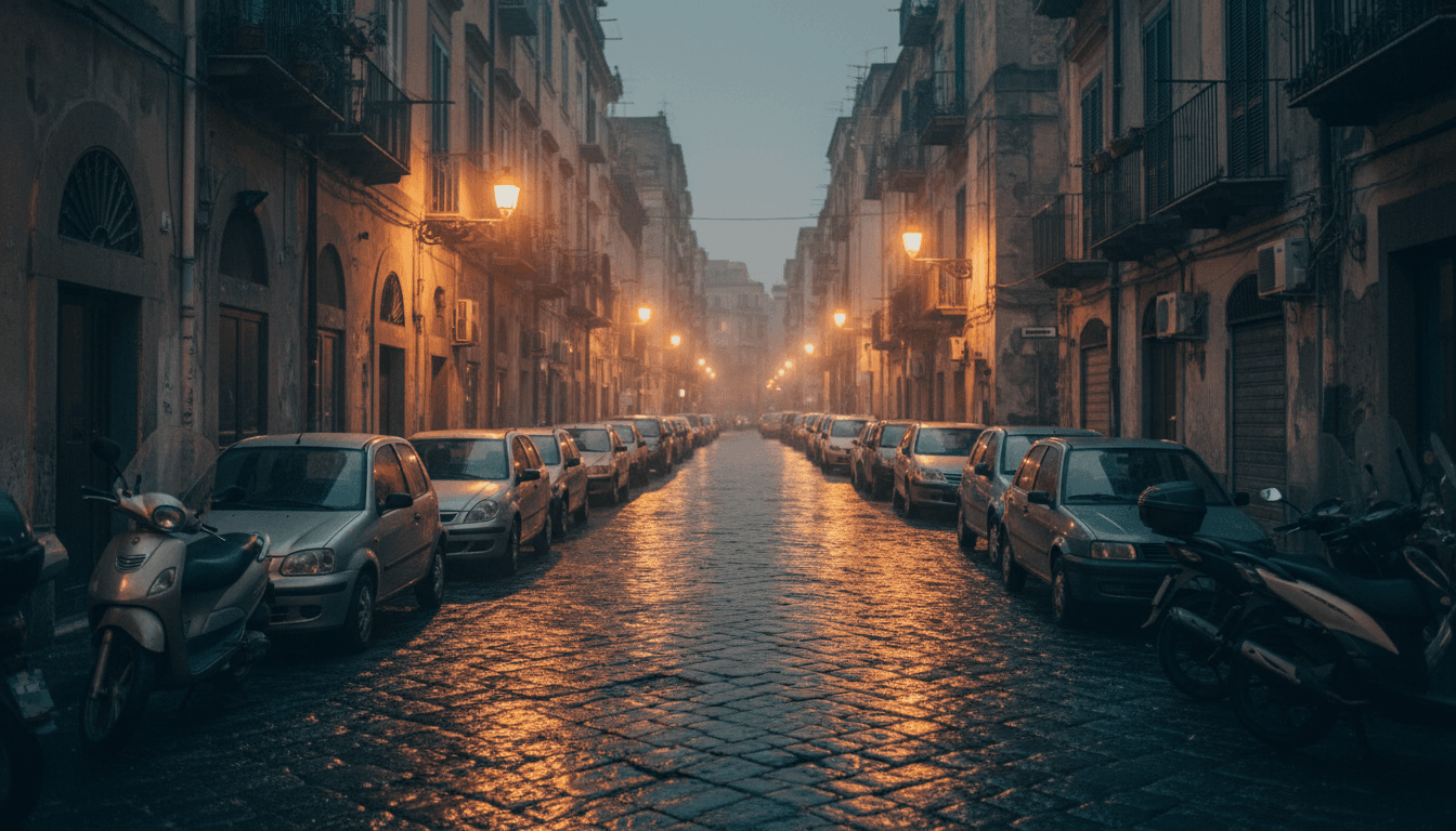 Strada di Napoli al tramonto con auto e scooter usati parcheggiati, atmosfera cinematografica senza targhe o loghi visibili