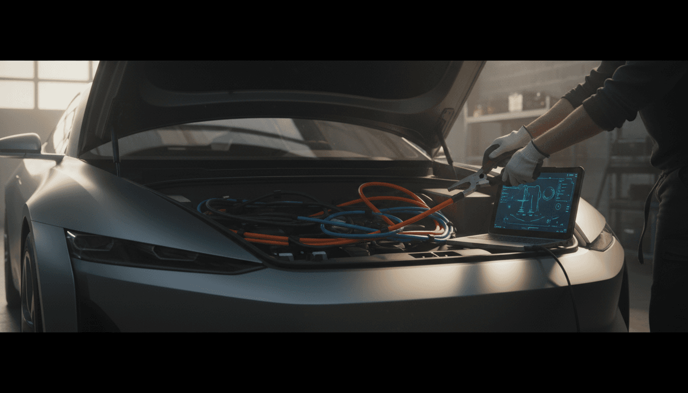 Tecnico al lavoro sull'elettronica di un'auto elettrica in un garage, atmosfera da diagnostica e retrofit hardware