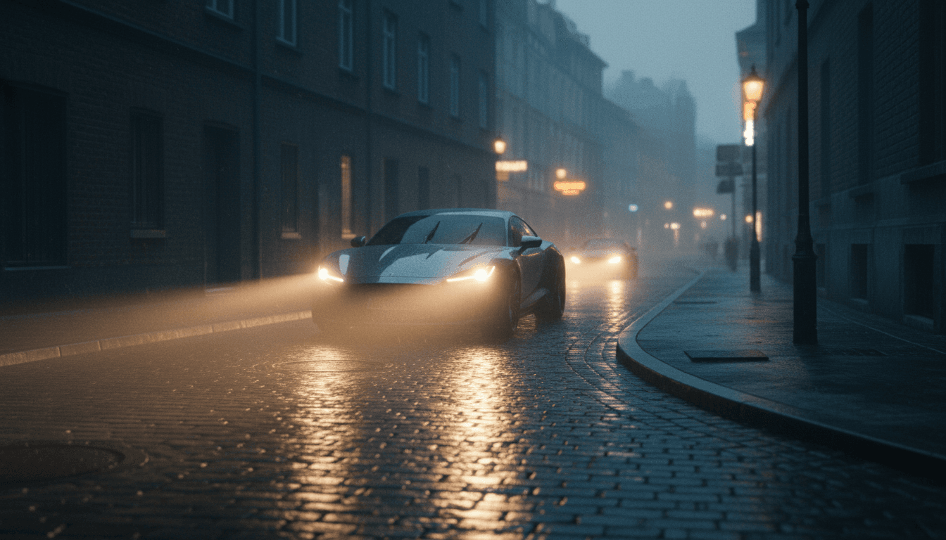 Fari di un'auto che illuminano una strada bagnata di notte, atmosfera cinematografica