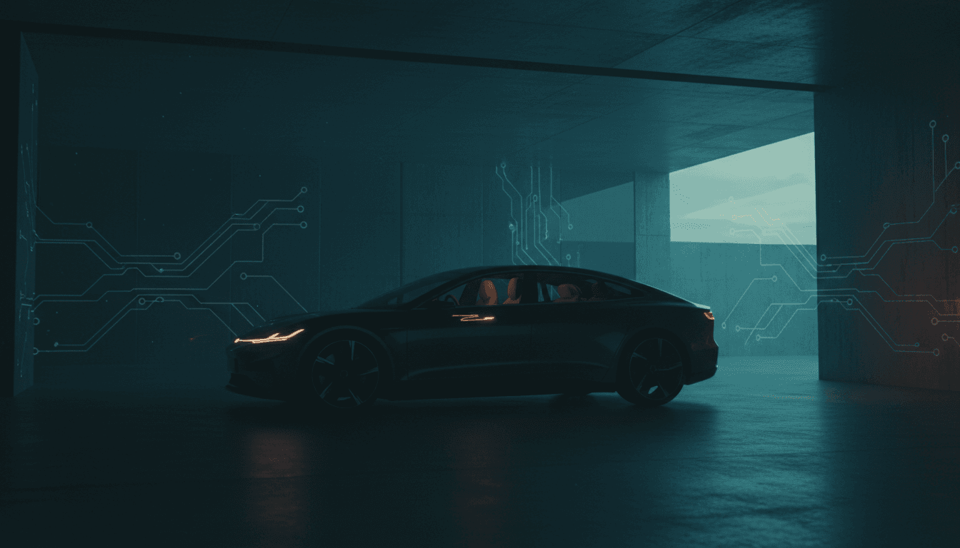 Silhouette di un'auto elettrica generica in un garage in penombra, con luci del cruscotto accese e sottili tracce luminose che richiamano un circuito elettronico sullo sfondo