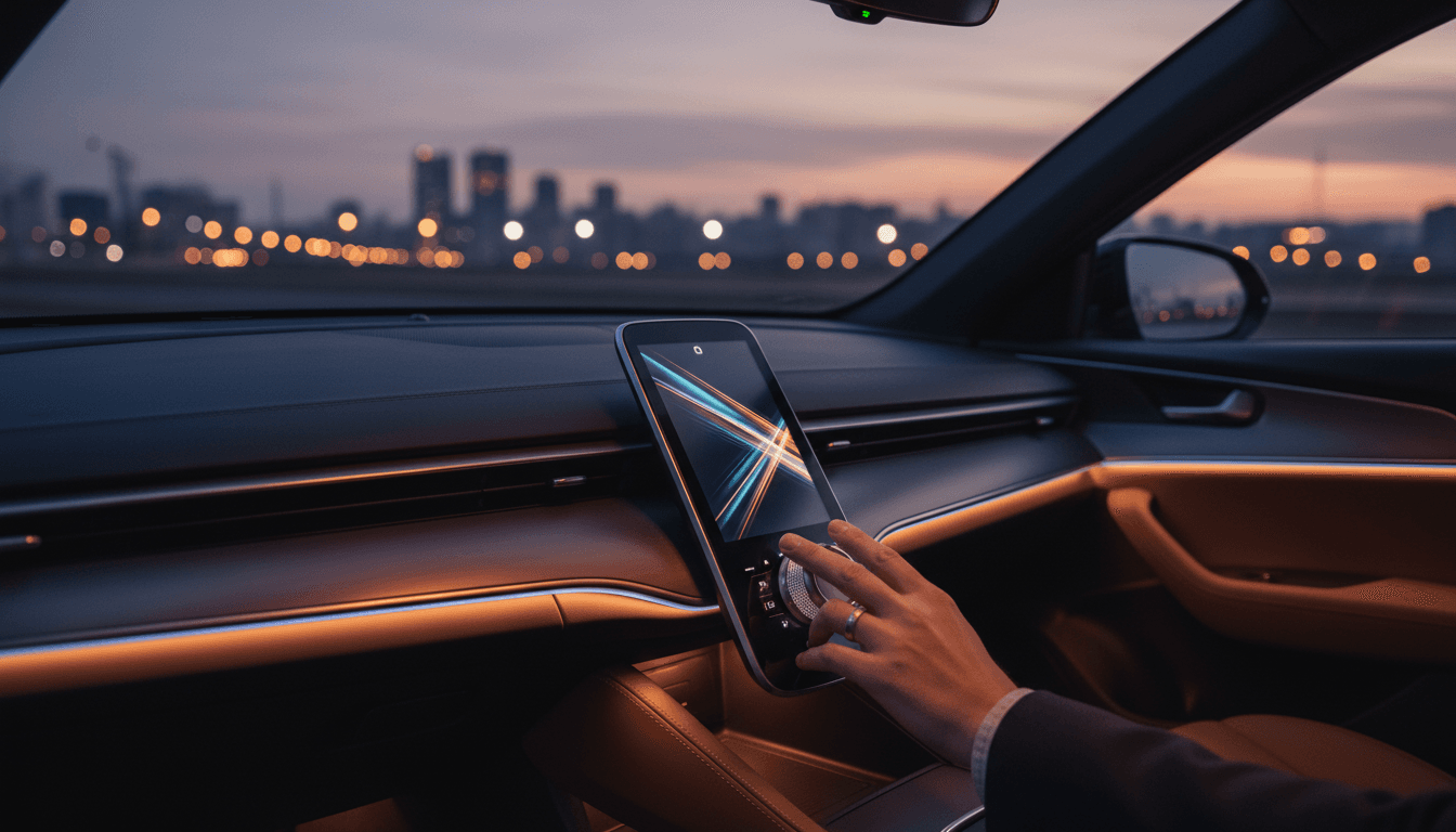 Interno di un'auto moderna con una manopola fisica accanto a uno schermo touch, luce calda al tramonto
