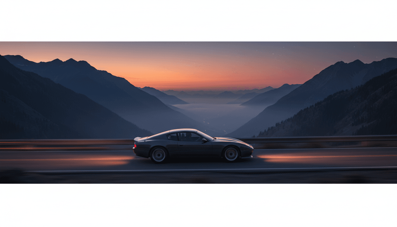 Silhouette di una coupé sportiva a trazione posteriore su una strada di montagna al tramonto