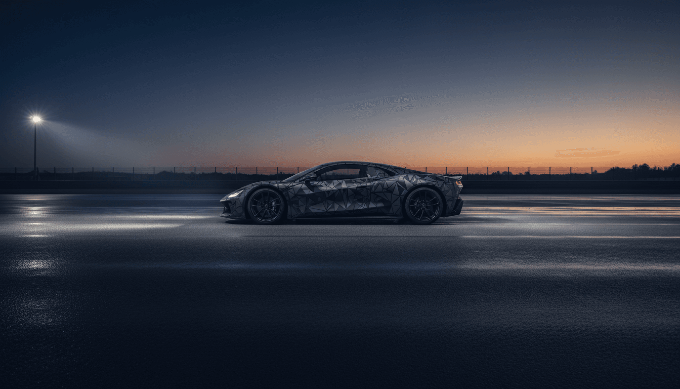 Silhouette di un prototipo di auto sportiva a motore centrale camuffato, fotografato al tramonto su un circuito vuoto