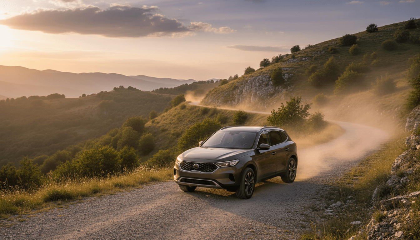 SUV a trazione integrale su una strada sterrata di montagna al tramonto, in un paesaggio collinare estivo italiano