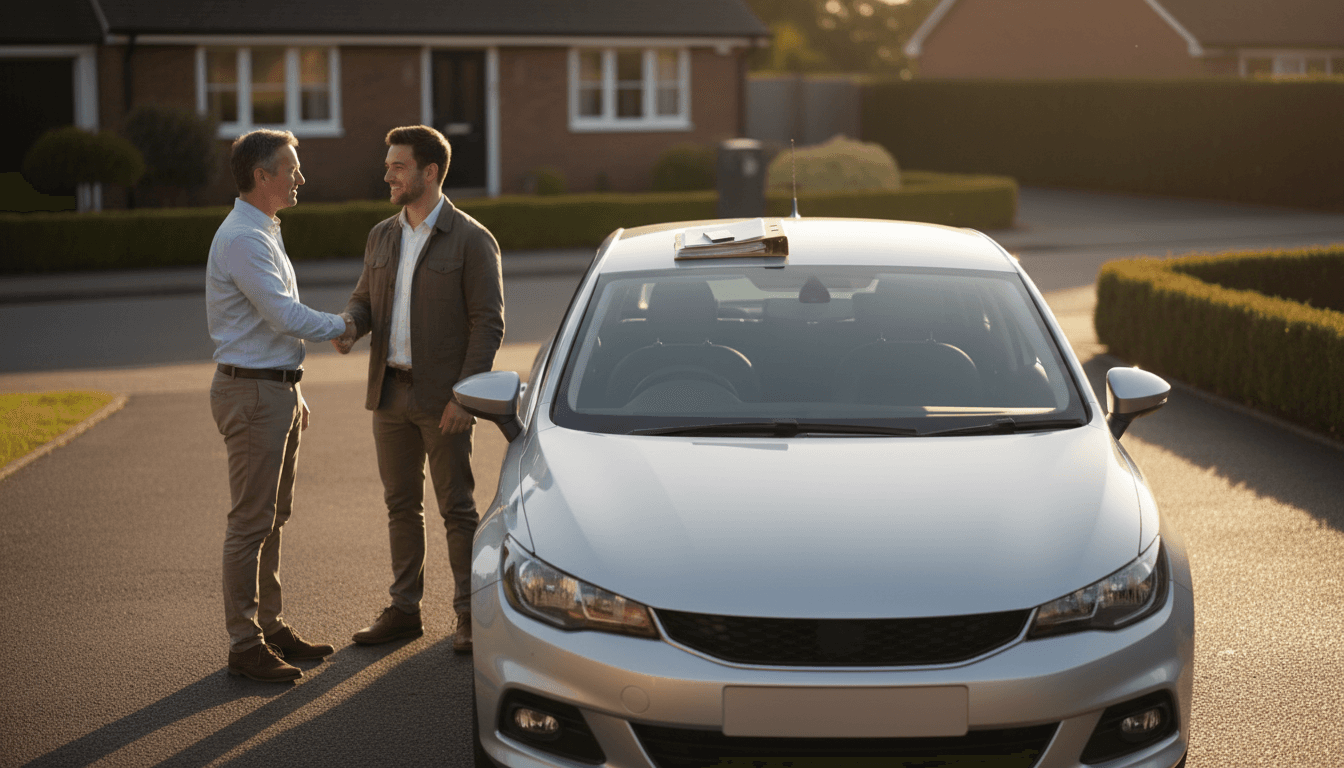 Un venditore e un acquirente si stringono la mano accanto a un'auto usata, con documenti e uno smartphone appoggiati sul tetto