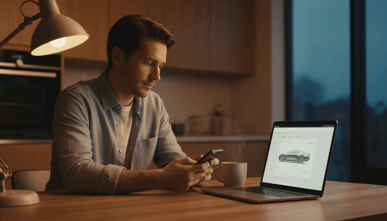 Una persona seduta a un tavolo controlla con attenzione lo smartphone mentre osserva un annuncio di vendita auto sul laptop, in un'atmosfera calda e concentrata