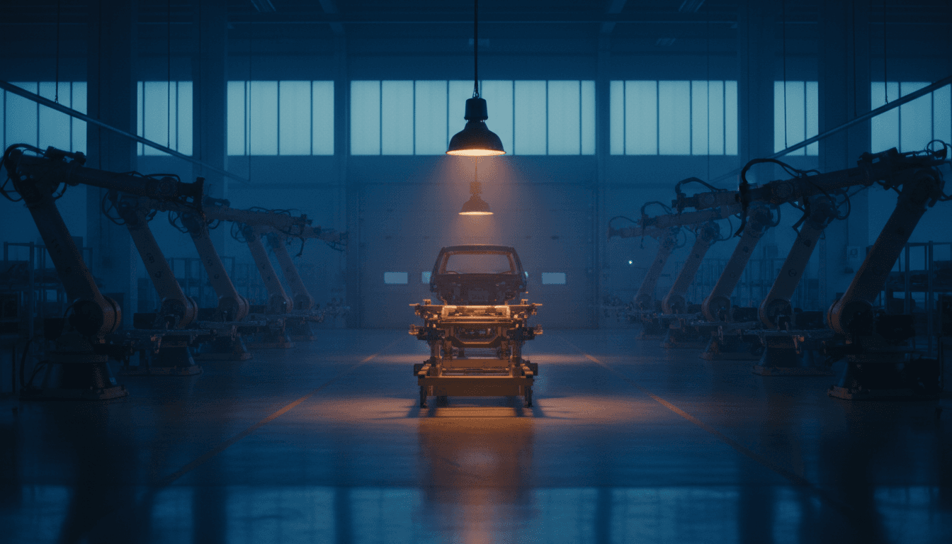 Capannone di una fabbrica automobilistica europea semivuoto al crepuscolo, con luce fredda sulle postazioni di montaggio deserte