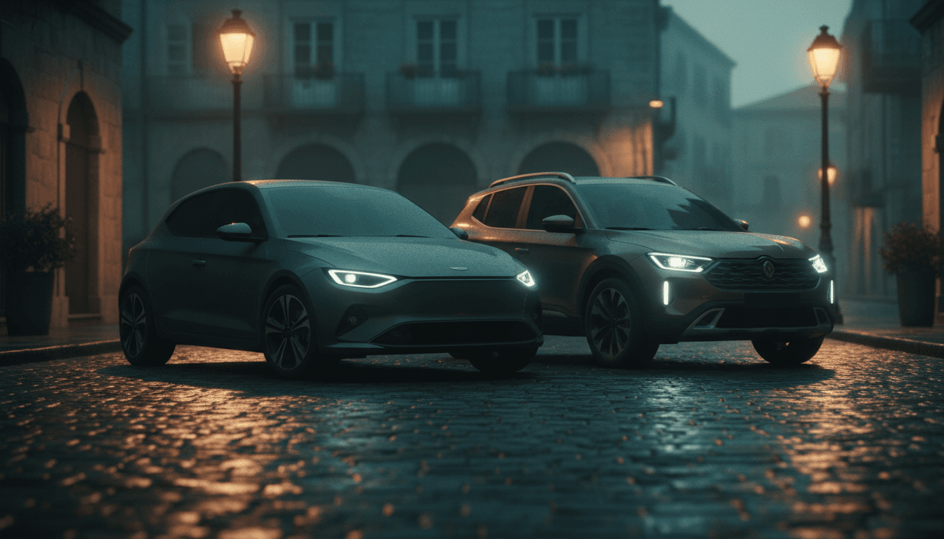 Una berlina compatta e un SUV compatto parcheggiati fianco a fianco su una strada europea al crepuscolo, illuminazione ambientale soffusa