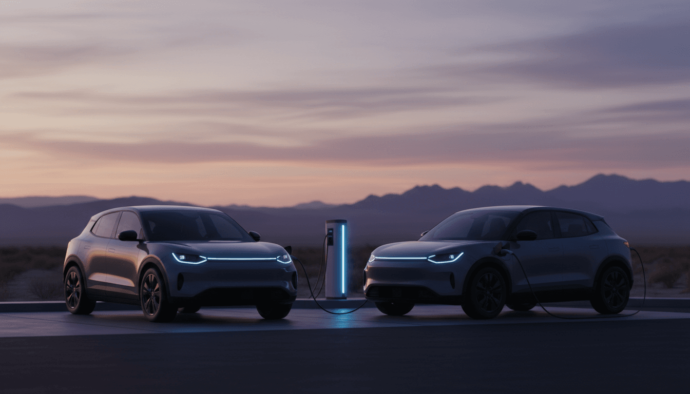 Due SUV elettrici compatti generici affiancati a una colonnina di ricarica al tramonto