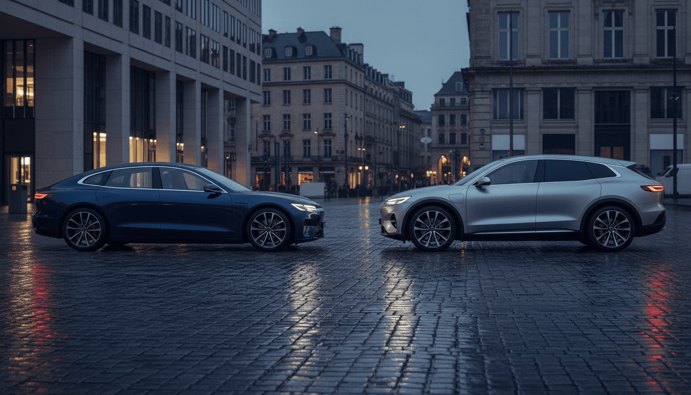 Una berlina e un SUV elettrici non identificati parcheggiati al crepuscolo in una piazza europea moderna, luce drammatica radente
