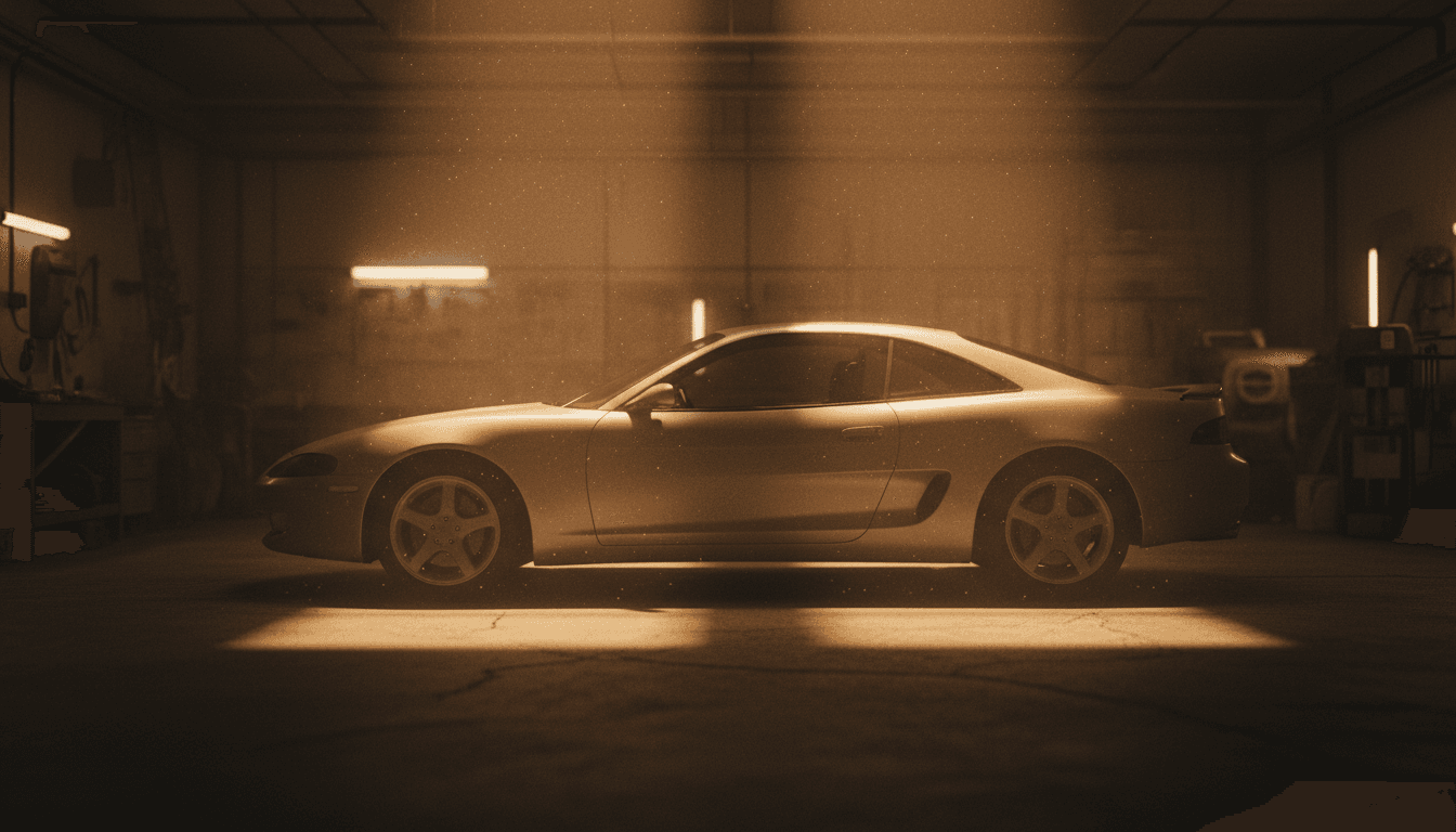 Silhouette di una coupe anni 90 in un garage in penombra, luce calda e atmosfera nostalgica